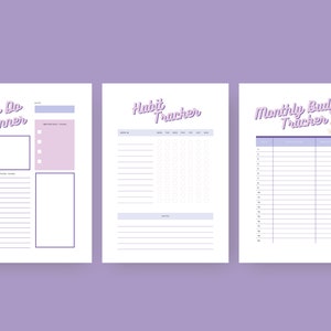 May include: Three printable planner pages with a purple and white color scheme. The first page is a to-do list with sections for important tasks and other tasks. The second page is a habit tracker with sections for each day of the week. The third page is a monthly budget tracker with sections for each day of the month.