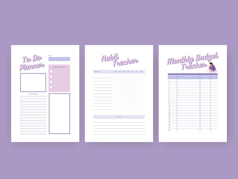 May include: Three printable planner pages with a purple and white color scheme. The first page is a to-do list with sections for important tasks and other tasks. The second page is a habit tracker with sections for each day of the week. The third page is a monthly budget tracker with sections for each day of the month.