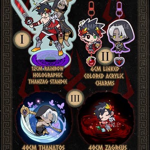 Può includere: Un catalogo di merchandising per fan di Hades con illustrazioni colorate. Include un supporto da 12 cm, ciondoli in acrilico da 6 cm e cuscini abbraccio da 40 cm. Il catalogo ha l'URL del negozio Etsy.