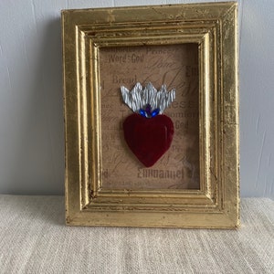 Framed Sacred Heart Religious Art Hand Made Vintage