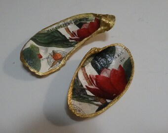 Oyster an Sea Shell Ring Holders a Pair Decoupaged