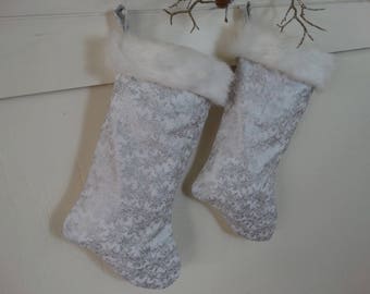 White Fur,Silver Snow Flakes Christmas Stockings Pair.Shabby Christmas Decor