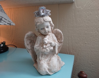 Crowned, Cherub, Angel with bunny, distressed, Shabby Cottage Decor