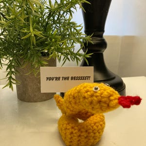 May include: A yellow crocheted snake with googly eyes and a red tongue. The snake is holding a card that says "You're the bessssst!"