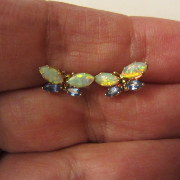 Small 10k Solid Gold Firey Opal, Blue Topaz & Tiny Garnets Butterfly Push Back Earrings - .70 Gram