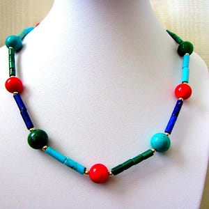 14k Gold Chain & 14k Beads, Sardinian Coral, Afghani Lapis Lazuli, SB Turquoise, Malachite, Emerald Necklace 18&quot;- 30.71g