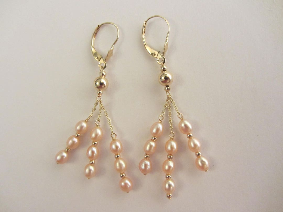 14k Gold Cultured Freshwater Peach Pearl Lever Back Earrings - Etsy