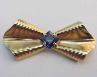 14k Solid Yellow Gold 3D Ribbon Bow Brooch With Synthetic Sapphire- 5.28 Grams - See Photos