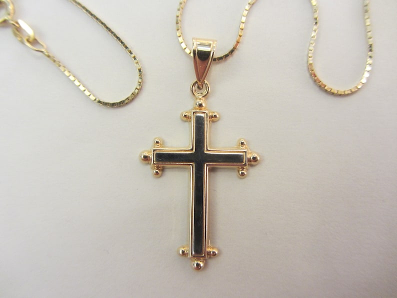 14k Solid Yellow & White Gold Cross Pendant with 2014k Thin Box Chain Necklace 2.84 Grams See Photos image 1