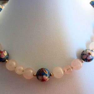 Handmade 10k Solid Gold Rose Quarts, Cloissone, 10k Beads and 10k Chain Necklace - 49.93 Grams - See Photos