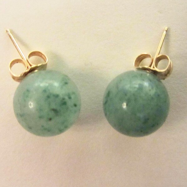14k Solid Gold Jade Ball Stud Post Earrings - 10.3mm - 3.28 Grams - Please See Photos