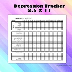 May include: A printable depression tracker with a black and white grid layout. The tracker includes sections for mood, symptoms, medication, caffeine, and hours of sleep. The tracker is designed to be used for 30 days.