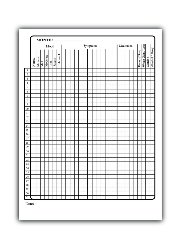 Printable Depression Mood Tracker Chart with symptoms image 1