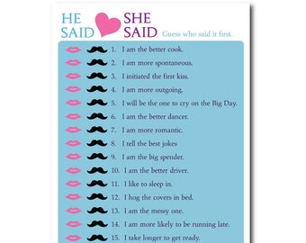 Bridal Shower Game He Said, She Said How Well Do you know the couples, bride and groom, printable game