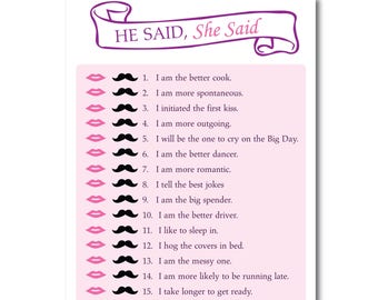 Bridal Shower Game He Said, She Said How Well Do you know the couples, bride and groom, printable game