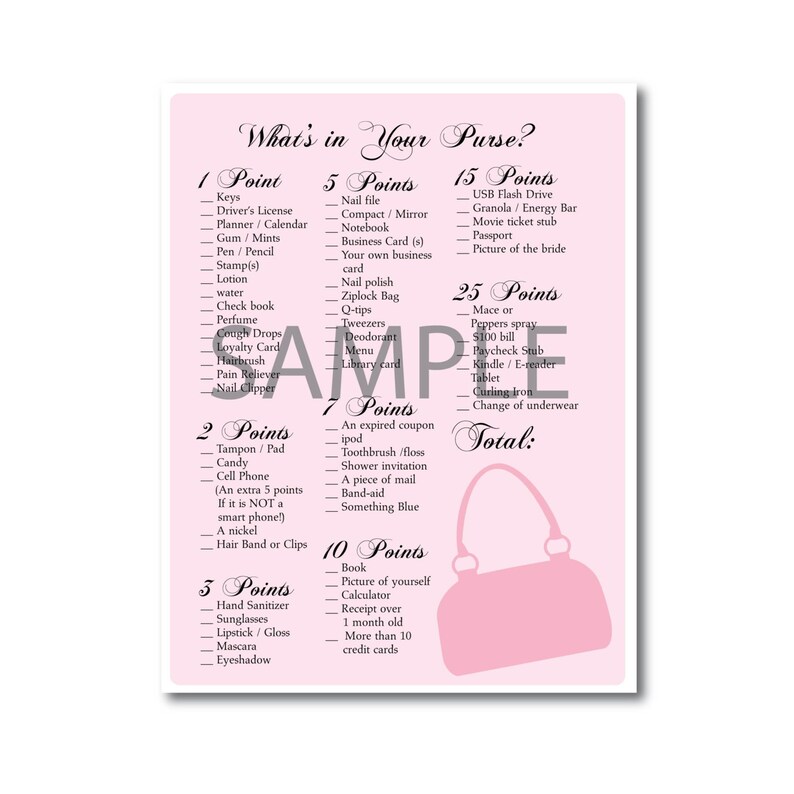 Pink Bridal Shower Game What's in Your Purse Etsy