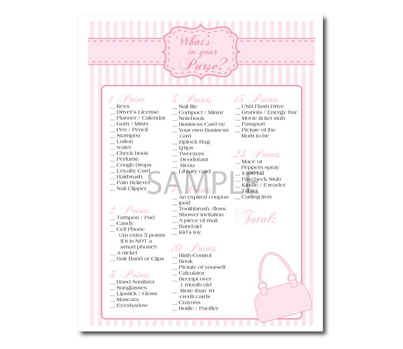 Pink Striped Baby Girl Shower Game: What's in Your Purse - Etsy