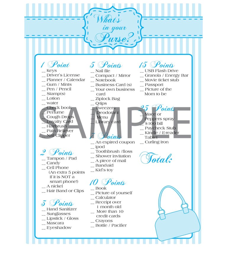 Striped Blue Baby Boy Shower Game: What's in Your Purse image 1