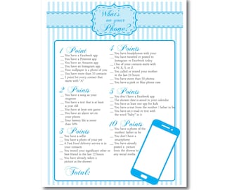 Whats on your Phone Blue Baby Boy Printable Shower Game Instant Download