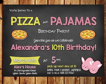 Pizza and Pajamas Birthday Invitation - Pizza and Pajamas Invitation - Sleep Over Invitation - Girl's Birthday  - Digital or Printed