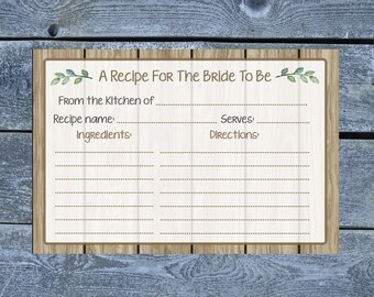 Rustic Bridal Shower Recipe Card - Country themed Bridal Shower - Country Recipe Card- Gift for the Bride - 4x6 - Digital