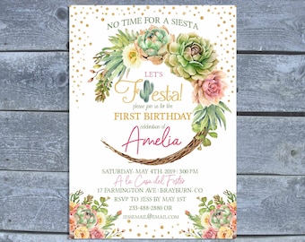 No time for a Siesta, Let's Fiesta | Fiesta First Birthday Invitation |  Cactus Birthday Invitation | Digital