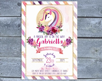 Unicorn Birthday Invitation | Magical Party Invitation | Unicorn Invitation | Watercolor flowers and Stripes | Printed or Digital