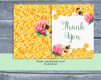 Bee themed watercolor thank you card | Thank you card for shower | Shower Thank you card | Spring theme Card | Digital | Printed | Honey bee