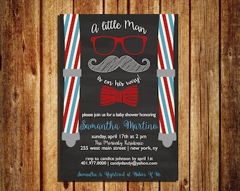 A Little Man is on the way Baby Shower Invitation | Hipster Baby Shower | Moustache Baby Shower | Printed Baby Shower Invitation | Bow Tie