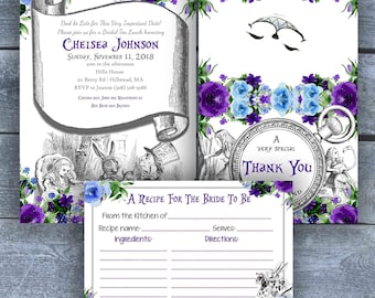 Alice in Wonderland themed Invitation for Bridal Shower - Bridal Shower Invitation Kit - Bridal Shower - Digital - Purple and Blue