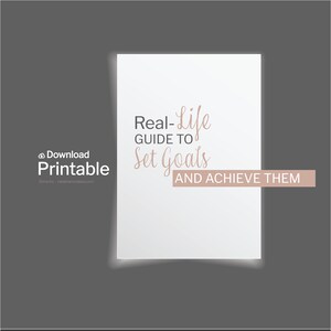 Puede incluir: Una guía imprimible para establecer y alcanzar objetivos de la vida real. El texto dice "Descargar imprimible" y "Guía de la vida real para establecer objetivos y alcanzarlos".