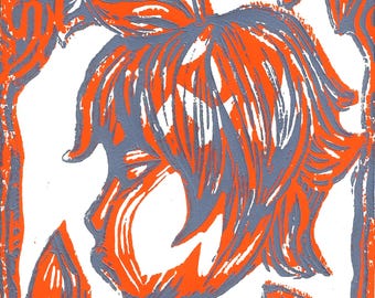 Fruit Tree Block Print - Orange/Gray 5x7 Linocut Hand Printed Editions