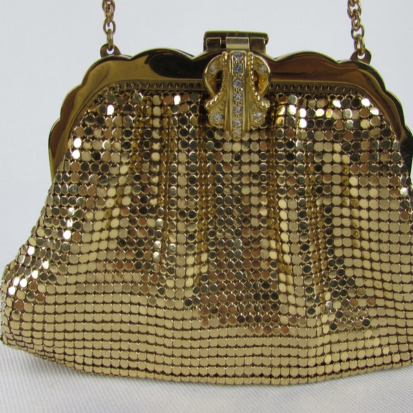 Whiting and Davis Gold Mesh Purse with Rhinestone Jeweled Clasp Circa 1930s Small Evening Bag Bridal Special Occasion Made in USA