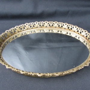 Vintage Mirrored Tray Gold Tone Filigree Oval Shape Hollywood Regency Bathroom Vanity Dresser Decor Serving Tray