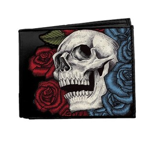Cartera de piel con calaveras y rosas