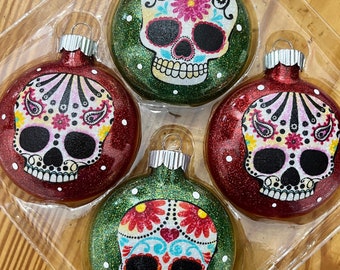 Sugar Skulls Ornaments Set of 4 Red and Green Glitter