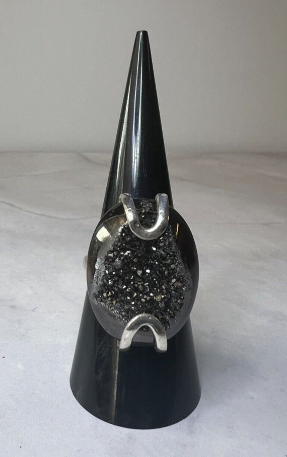 Gorgeous Statement Ring, Black Agate Druzy & Ster… - image 1