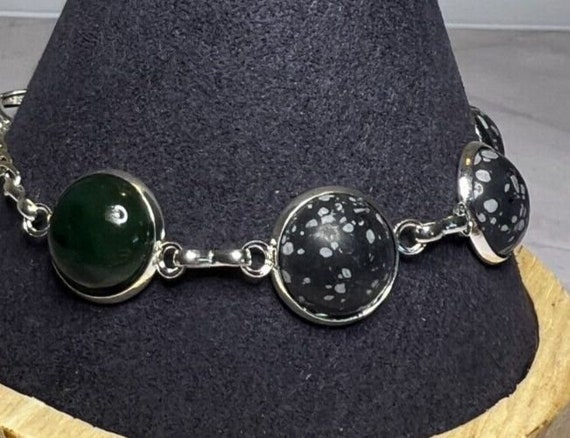 Boho Stackable, Adjustable Silver Bracelet, Jaspe… - image 4
