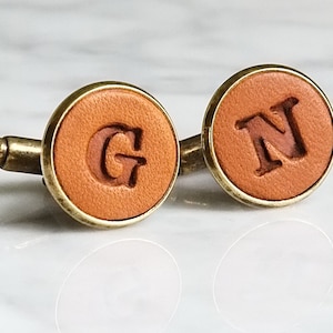 Pair of Personalised Leather Letter Cufflinks Bronze and chestnut