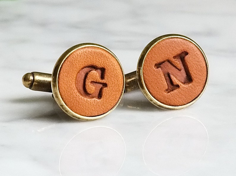 Pair of Personalised Leather Letter Cufflinks Bronze and chestnut