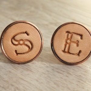 Pair of Handmade Real Leather Initial Cufflinks copper & light tan