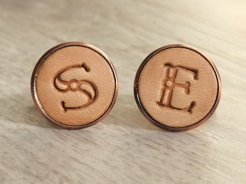 Pair of Handmade Real Leather Initial Cufflinks copper & light tan