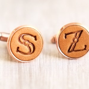 Pair of Handmade Real Leather Initial Cufflinks copper & camel brown