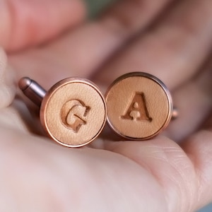 Pair of Personalised Leather Letter Cufflinks Copper and light tan