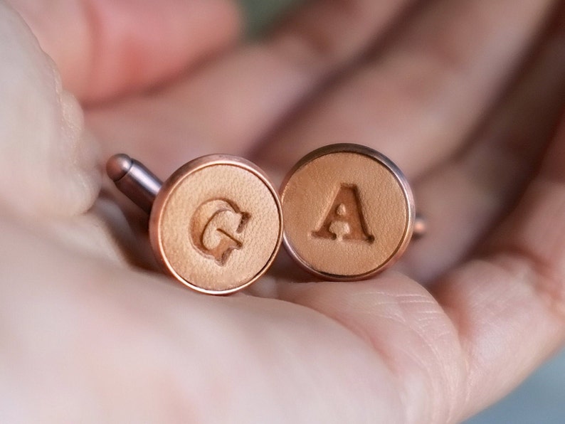 Pair of Personalised Leather Letter Cufflinks Copper and light tan