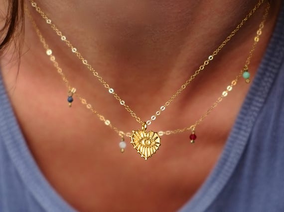 Evil Eye heart charm and birthstone necklace