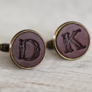 Pair of Handmade Real Leather Initial Cufflinks bronze & choc brown