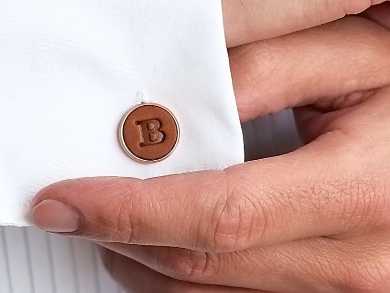 Pair of Personalised Leather Letter Cufflinks Copper and chestnut
