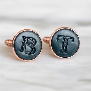 Pair of Handmade Real Leather Initial Cufflinks Copper & green