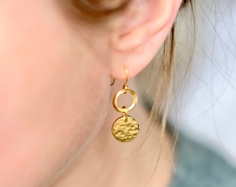 Gold hammered disc earrings